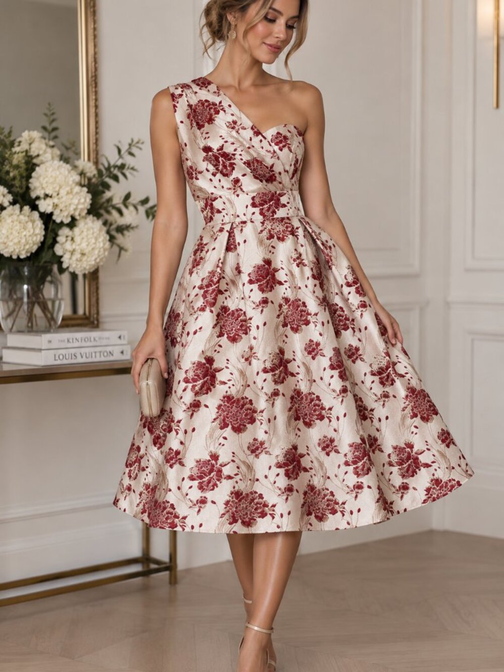 NWT JJ’s House One Shoulder Floral Jacquard Cocktail Dress Red Ivory Size M